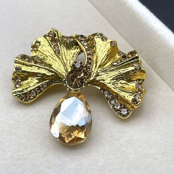 Yellow Gold with Champagne Topaz Crystal Gingko Flower Plant Pin Back Brooch - Picture 3 of 7
